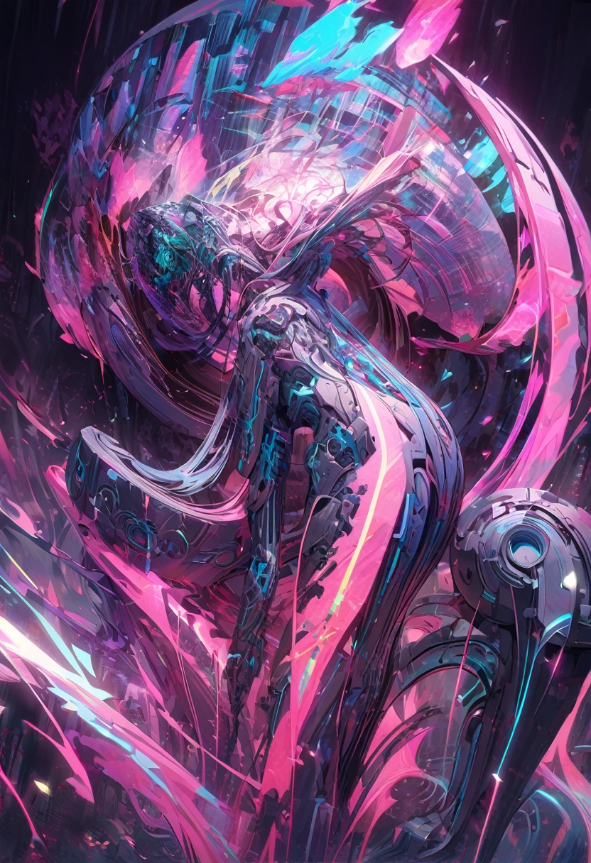 A mysterious, enigmatic digital avatar emerges from the shadows in an acrylic painting. The main subject is a humanoid figure with glowing neon accents and circuit-like patterns etched into their skin. The image is a hyper-realistic digital painting. Every detail is rendered with precision, from the intricate wiring weaving through their body to the cybernetic enhancements that give them an otherworldly presence. The colors pop with vibrancy, creating a striking contrast between the dark background and the luminescent figure. The overall composition exudes a sense of futuristic mystique, drawing viewers into a world of technological wonders and digital dreams. anime