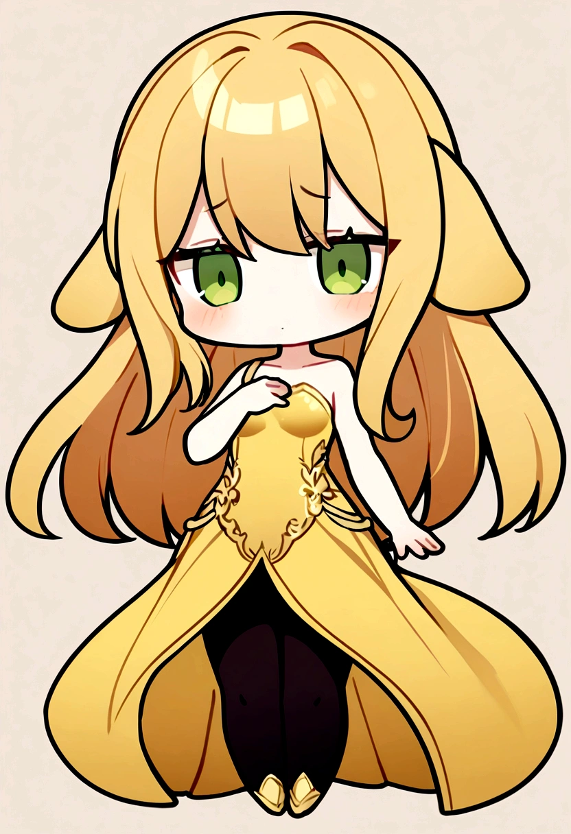 1girl with long golden hair, green eyes, floppy dog ears,emoteless face, golden dress with open shoulders. Black stockings. Chibi style, simple background, hand on chest, open hips