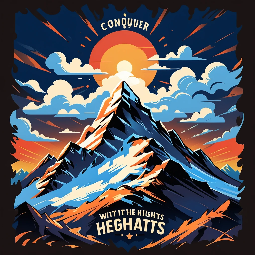 graphic typography design quotes "Conquer New Heights. ". With some messy elements to represent this quotes like . the fonts will be bold focuse mainly. colours will be deep brown, A mountain peak kissed by the rising sun, framed by calming blue clouds