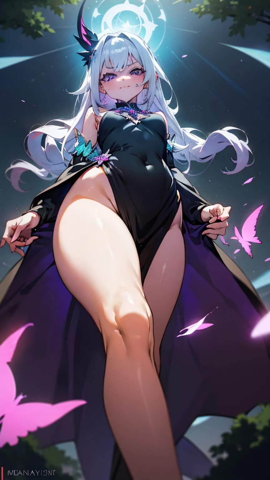 A bewitching giantess, dressed in a tight black dress, with long white hair and glowing purple eyes, strides through a magical fairy tale forest. Her powerful legs crush enchanted trees and magical creatures underfoot. She gazes at the tiny humans below with a look of disdain, her voice filled with mocking laughter. Her voluptuous figure exudes an aura of raw power and ethereal sensuality, every movement causing the ground to tremble. Giantess, Goddess, sexy legs, heels, hot, curvy body, mommy issues, small town, small people, tiny people, macrophilia, perspective from below, high quality, almost naked, mature woman, fairy tale.