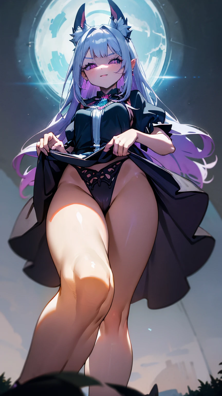 A bewitching giantess, dressed in a tight black dress, with long white hair and glowing purple eyes, strides through a magical fairy tale forest. Her powerful legs crush enchanted trees and magical creatures underfoot. She gazes at the tiny humans below with a look of disdain, her voice filled with mocking laughter. Her voluptuous figure exudes an aura of raw power and ethereal sensuality, every movement causing the ground to tremble. Giantess, Goddess, sexy legs, heels, hot, curvy body, mommy issues, small town, small people, tiny people, macrophilia, perspective from below, high quality, almost naked, mature woman, fairy tale.

