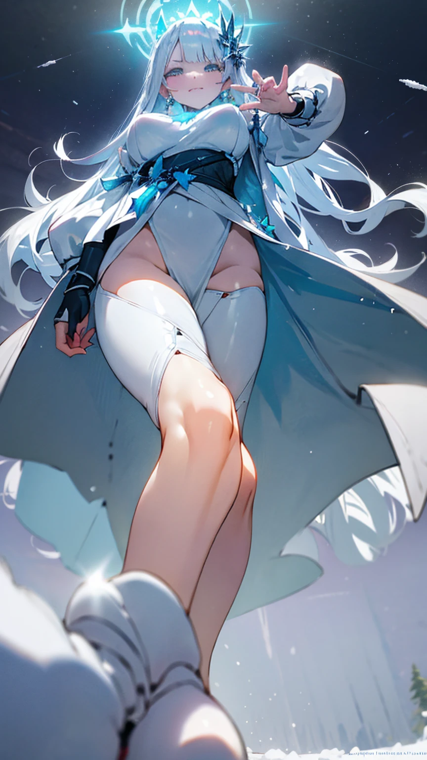 **A mystical giantess, in a shimmering white gown, with long silver hair and glowing blue eyes, strides through an enchanted winter wonderland. Her powerful legs crush snow-covered trees and ice sculptures underfoot. She gazes at the tiny humans below with a look of disdain, her voice filled with mocking laughter. Her voluptuous figure exudes an aura of raw power and ethereal sensuality, every movement causing the ground to trem