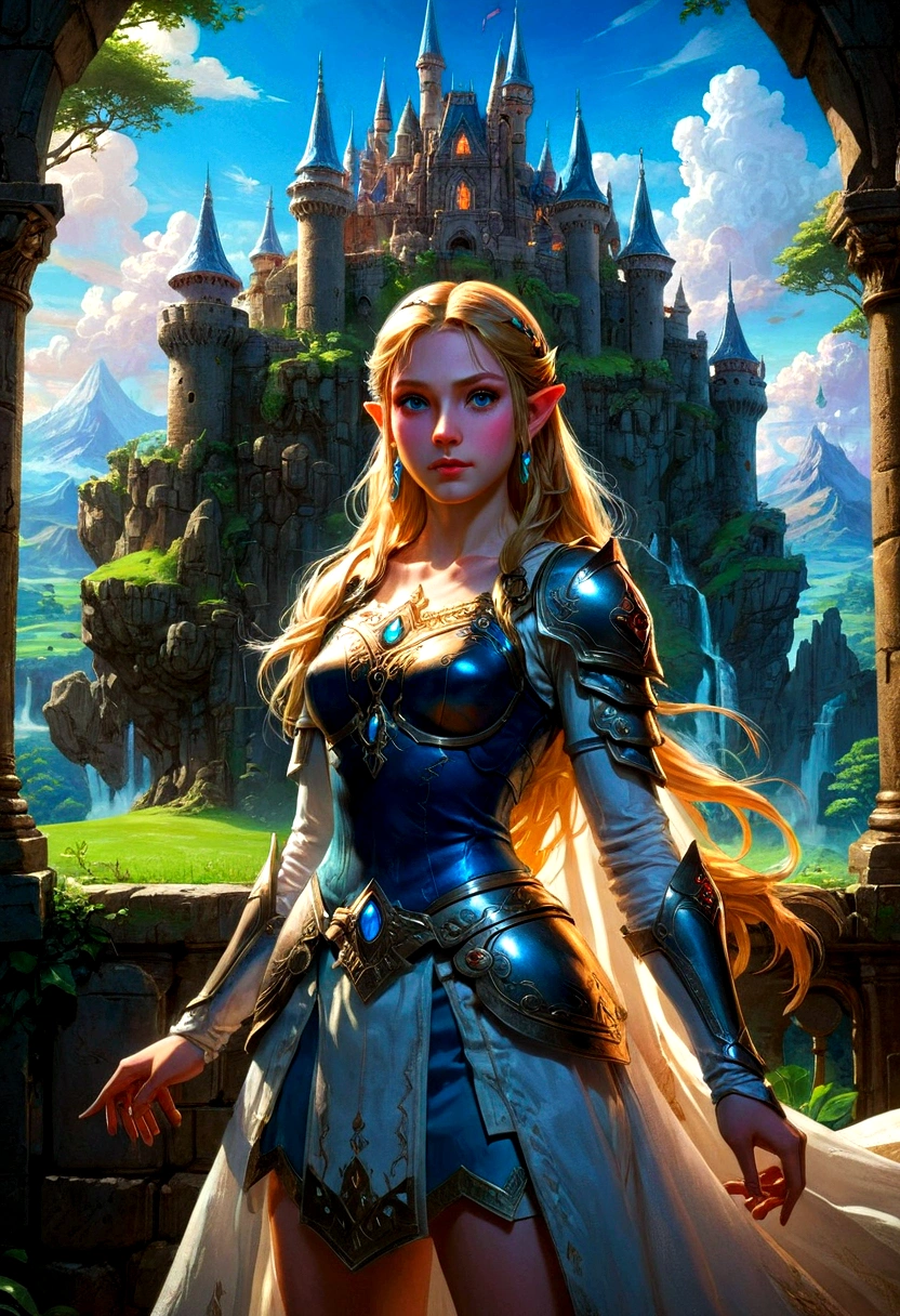 1girl, Princess Zelda, The Legend of Zelda, A highly detailed fantasy landscape,rolling hills,lush forests,medieval castle,ancient ruins,glowing magical crystals,dramatic lighting,epic adventure,beautiful detailed eyes,extremely detailed face and intricate outfit,stunning digital art,cinematic composition,vibrant colors,dramatic lighting,fantasy art,concept art,ultra-detailed,8k,professional, masterpiece, best quality, very aesthetic, absurdres