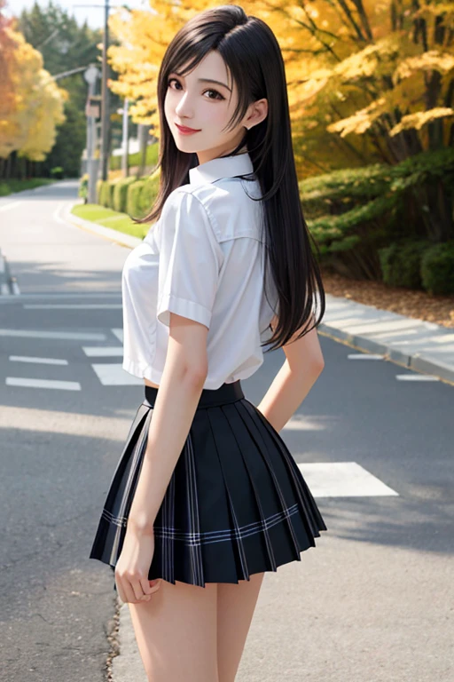 (Highest quality, Tabletop: 1.1), (Realistic: 1.3), break (((FF7,Tifa_Lockhart))),(alone,Tifa:1.2),(Japanese ,high school student,, Checkered Pleated Skirt:1.5,button down white shirt:1.3) ,(autumn,walking, Outdoor),(Sexy pose:1.3),Highly detailed face, Fine grain,Red eyes, break (((FF7,Tifa_Lockhart))),(Black Hair, Large Breasts: 1.2), break (Small beautiful hard nipples) Around 18 years old,cute,Smile:1.1,absolute_ryouiki:1.1,From behind:1.3