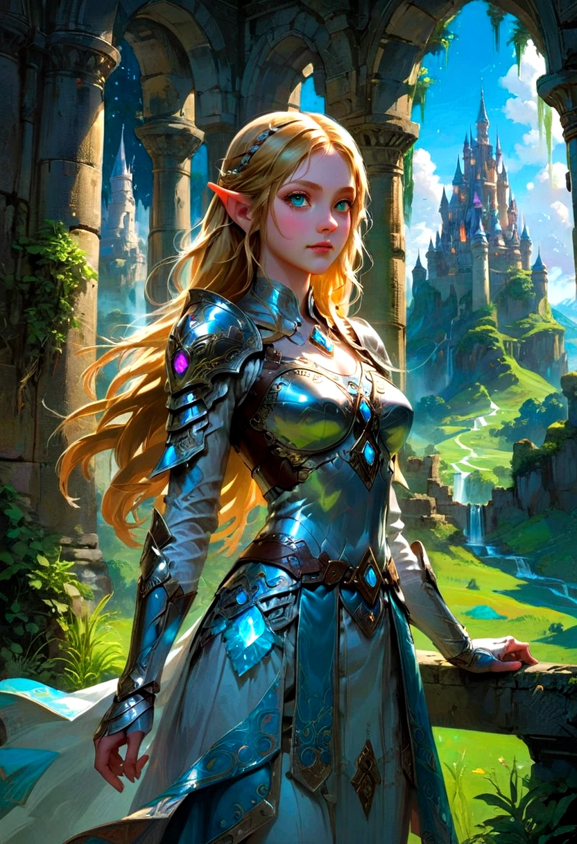 1girl, Princess Zelda, The Legend of Zelda, A highly detailed fantasy landscape,rolling hills,lush forests,medieval castle,ancient ruins,glowing magical crystals,dramatic lighting,epic adventure,beautiful detailed eyes,extremely detailed face and intricate outfit,stunning digital art,cinematic composition,vibrant colors,dramatic lighting,fantasy art,concept art,ultra-detailed,8k,professional, masterpiece, best quality, very aesthetic, absurdres