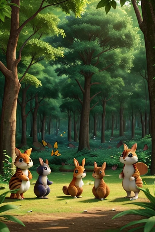 In a shady forest, live various wild and tame animals. There are rabbits, birds, cats, dragonflies, butterflies and others