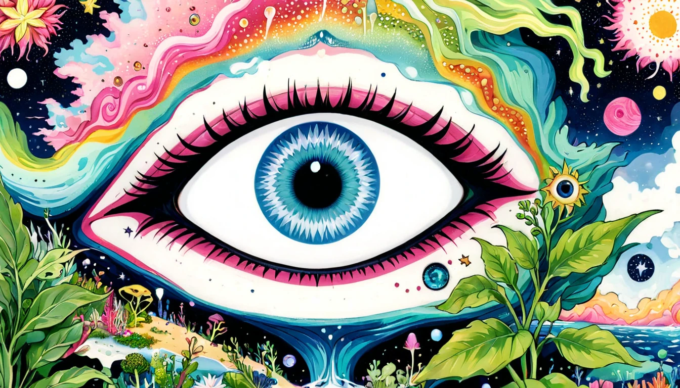 intense visuals,Multi-element fusion,bud,microorganism、plant、Marine life、(((Eye)))、Starry Sky,Stitching together an abstract painting,Describing the inner world of autistic people,(((Sense of space,White Space,clean,Anti-aliasing,))),Pointillism method,Density,Psychedelic Art,pink