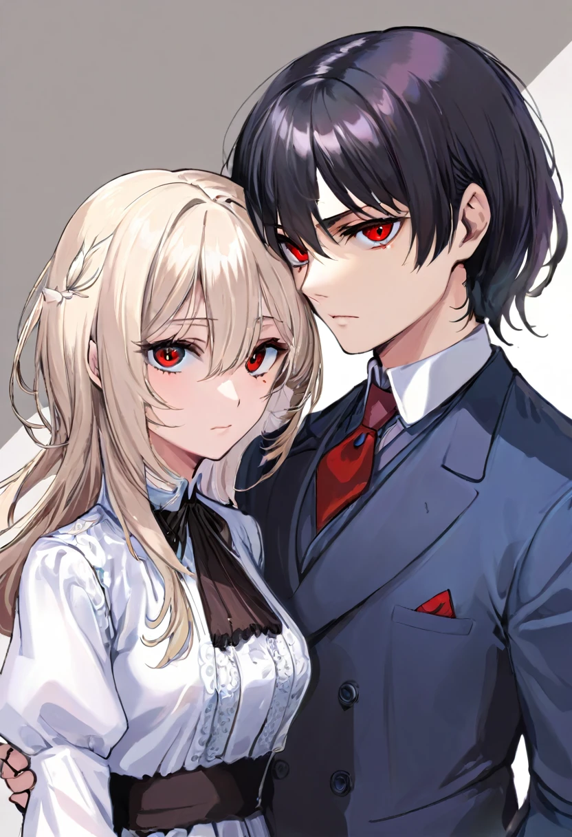 A man with black short, hair, which he wears to a side parting and blue eyes and a serious face together with a woman. The red eyes, has white, long hair and bangs and a friendly face, that he saw them in an old, Victorian area, a chopped into each other The man should wear a suit and the woman should wear a dress.