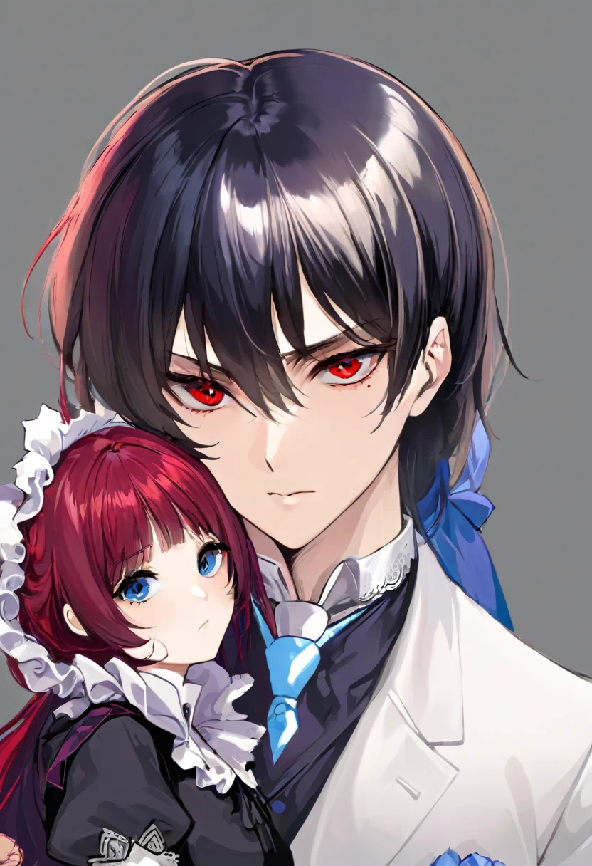 A man with black short, hair, which he wears to a side parting and blue eyes and a serious face together with a woman. The red eyes, has white, long hair and bangs and a friendly face, that he saw them in an old, Victorian area, a chopped into each other The man should wear a suit and the woman should wear a dress.