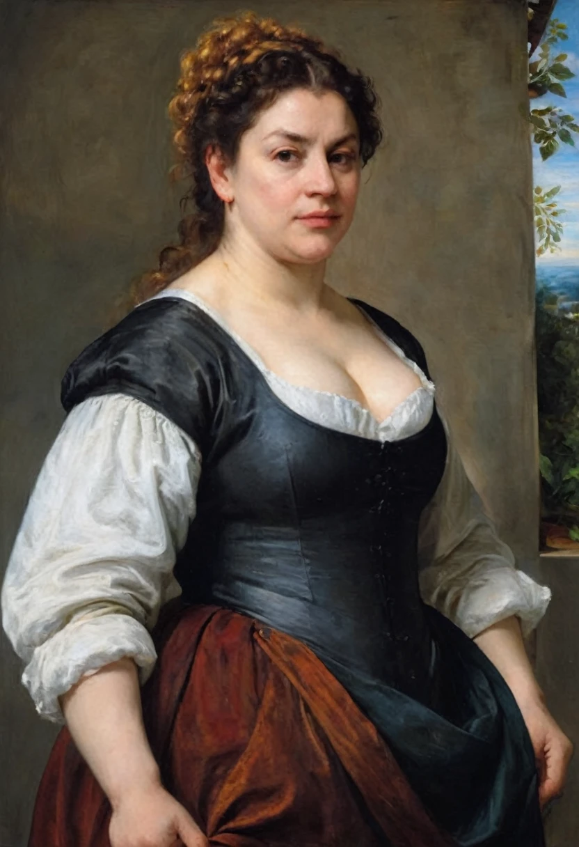 portrait painting of a thick Beautiful middle aged woman, busty maid, extremely gorgeous , by Peter Paul Rubens, in Peter Paul Rubens style, by Caravaggio, intricate, flawless, masterpiece, Best quality, 