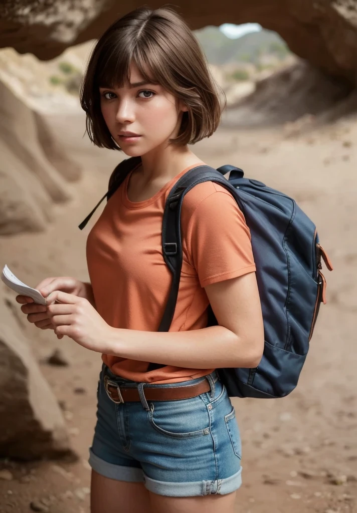 detailed eyes, (highly detailed skin:1.2), (realistic lighting:1.1), (realistic shadows:1.1), ((best quality)), (detailed), 8k uhd, Nikon 70d, ISO200, F/2.8, 1/25sec, 70mm,
isabelmoner-smf, dora, 1girl, shirt, solo, orange shorts, backpack, pink shirt, bag, brown hair, short sleeves, blurry, blurry background, holding a map, realistic, standing, cowboy shot, short hair, brown eyes, bangs, closed mouth, looking at viewer, cavern, cinematic light, inside cavern, pink shirt