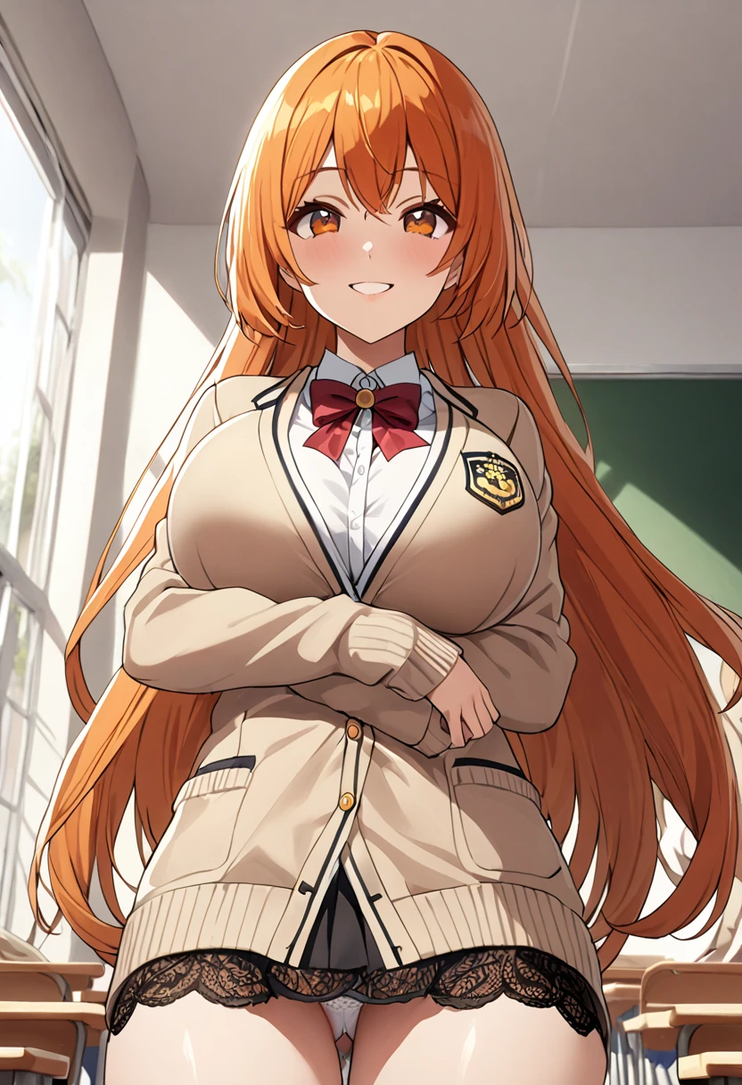 1 Girl, (alone:1.2), 背のexpensive女の子, Long Orange Hair, Straight hair ,Orange eyes, (expensive school ), (17 yearle breasts), (texpensives), expensive,masterpiece, expensive resolution, Shiny, whole body, beautiful,A cute smile that makes the viewer happy, expensively detailed beautiful face and eyes,View your audience, (expensive , cardigan:1.2), (expensive school:1.2), (from the front), (zettai ryouiki),(study),(((Stretch your legs and show your butt)))、((Shiny下着)))、Uniform Blazer、beautiful美しさ、Clean long hair、((whole body))、(((Photo taken from below)))、School classroom、Large Breasts、Big Breastini skirt、The panties are black lace、Japanese、Long limbs