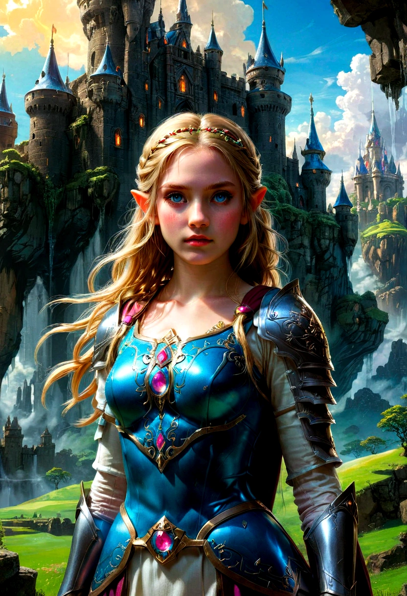 1girl, Princess Zelda, The Legend of Zelda, A highly detailed fantasy landscape,rolling hills,lush forests,medieval castle,ancient ruins,glowing magical crystals,dramatic lighting,epic adventure,beautiful detailed eyes,extremely detailed face and intricate outfit,stunning digital art,cinematic composition,vibrant colors,dramatic lighting,fantasy art,concept art,ultra-detailed,8k,professional, masterpiece, best quality, very aesthetic, absurdres