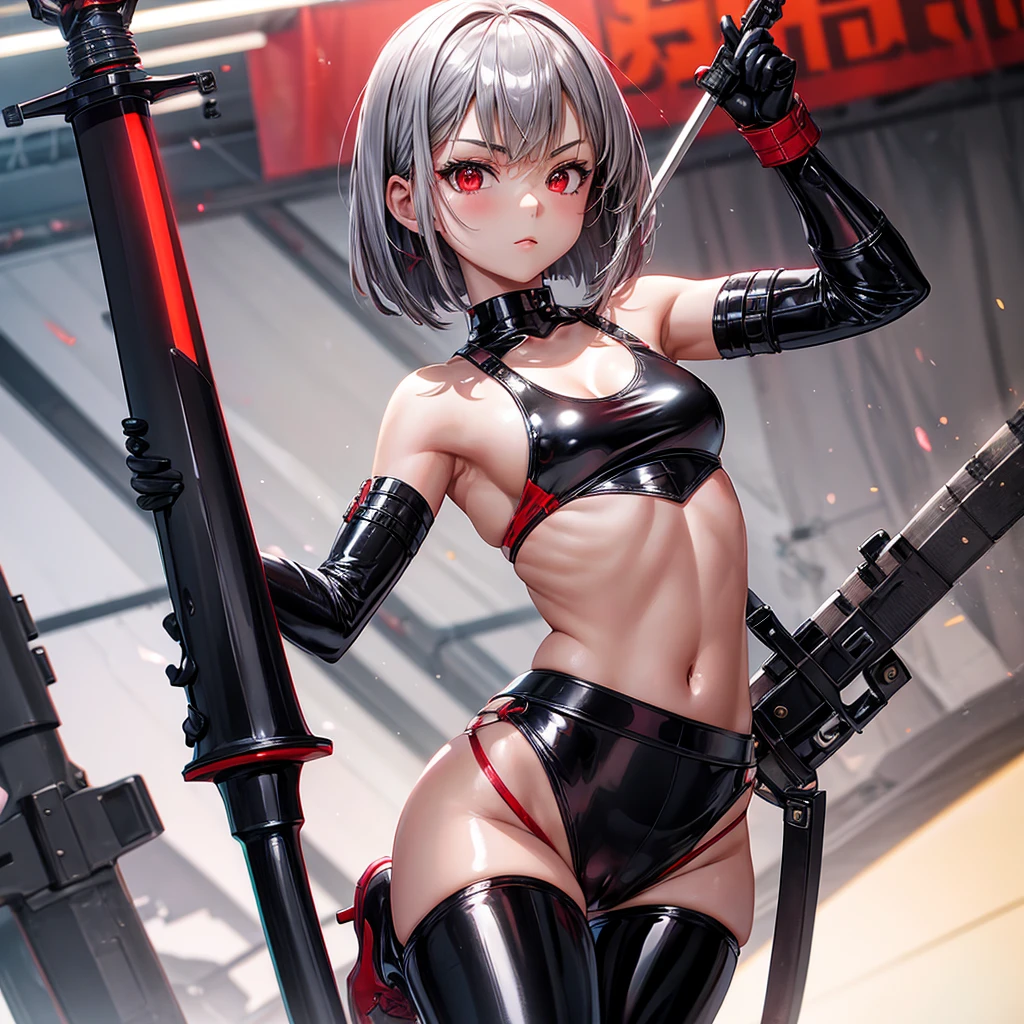 solo girl,Glossy metalic light silver tank top, tight latex shiny, Red interpolation color,Black hair bob,red eyes, camel toe, Samurai Sword,
Lift one leg, sexy lady, โชว์กางเกงใน girl,