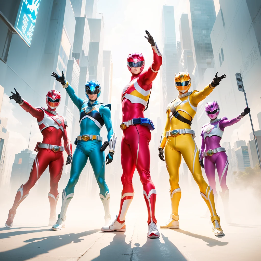 Arafed people lined up in colorful costumes々Group of, Power Rangers, the secret seventh Power Ranger, Power Rangers film, Power Ranger, Colorful uniforms, 3840×2160, 3840x2160, Promotional Art, Hero pose Colorful city lights, Promotional Art, Vibrant fan art, The Best of Adobe Stock