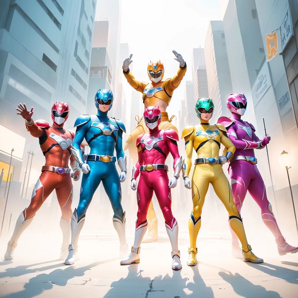 Arafed people lined up in colorful costumes々Group of, Power Rangers, the secret seventh Power Ranger, Power Rangers film, Power Ranger, Colorful uniforms, 3840×2160, 3840x2160, Promotional Art, Hero pose Colorful city lights, Promotional Art, Vibrant fan art, The Best of Adobe Stock