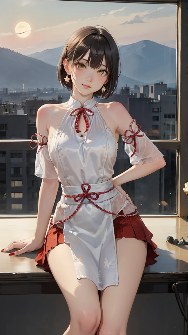 A young woman 19 years old, white militar short hair, yellow  eyes, provocative look, red nails, youthful face, notable physical features, slim, muscular but well-proportioned body, with cracked abdomen. Wearing high school clothes, with red Hanafuda earrings, with the red skirt, a black string sandal. In an empty high school classroom, sitting on a table with her legs open showing her realistic pussy, at night with a full moon and stars in the window in the background with flashes of light reflecting on the body.