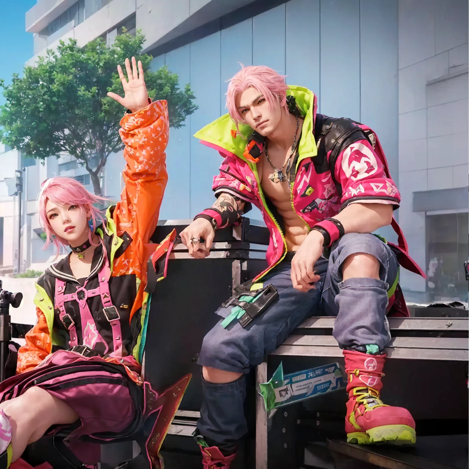 there are two people sitting on a bench with pink hair, style game square enix, as a character in tekken, sakimichan and frank franzzeta, from ncsoft, nixeu and sakimichan, game cg, style game square enix life, decora inspired, medium shot of two characters, key art, jrpg aztec street fashion