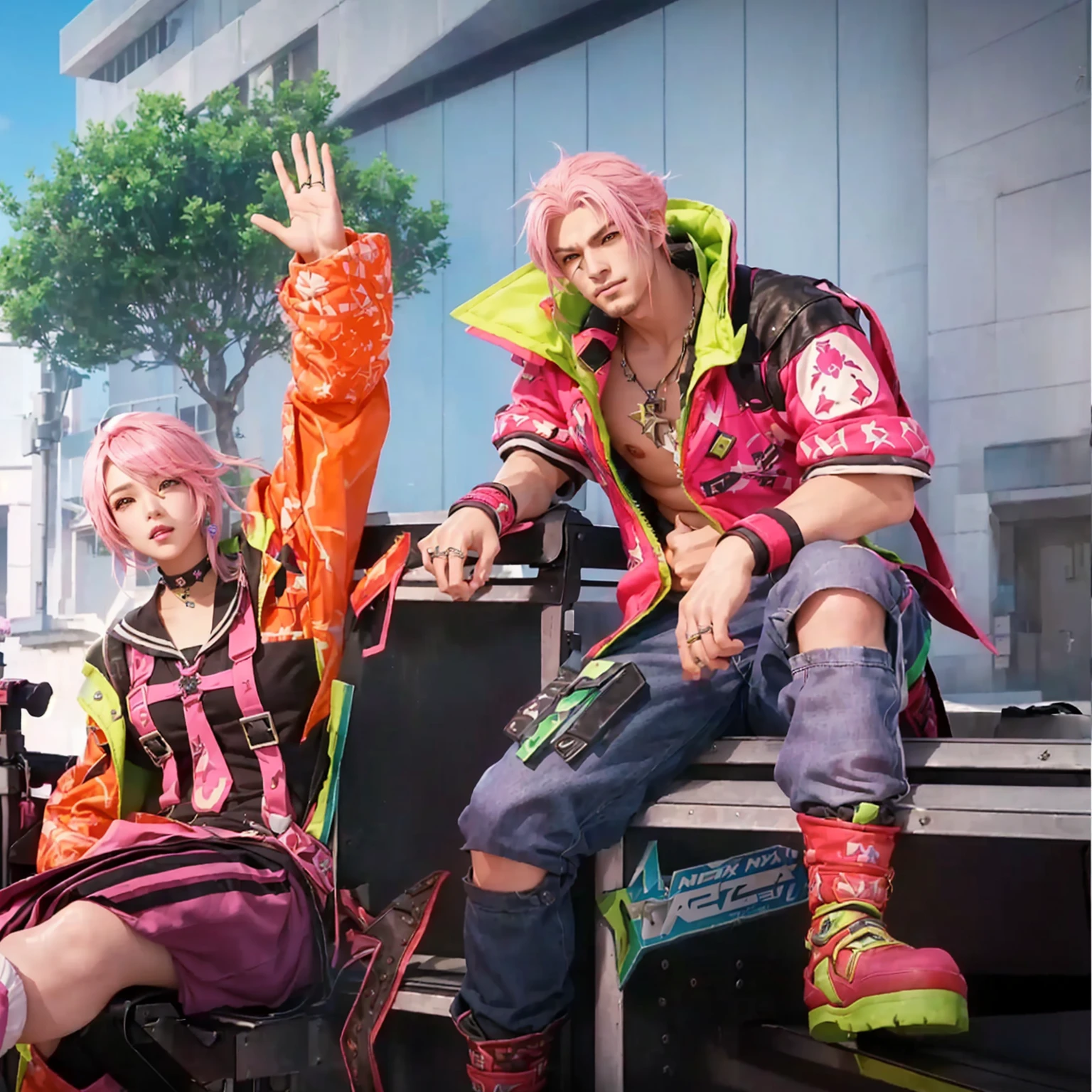 there are two people sitting on a bench with pink hair, style game square enix, as a character in tekken, sakimichan and frank franzzeta, from ncsoft, nixeu and sakimichan, game cg, style game square enix life, decora inspired, medium shot of two characters, key art, jrpg aztec street fashion