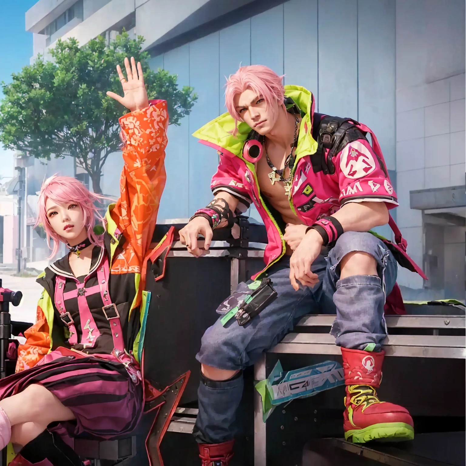 there are two people sitting on a bench with pink hair, style game square enix, as a character in tekken, sakimichan and frank franzzeta, from ncsoft, nixeu and sakimichan, game cg, style game square enix life, decora inspired, medium shot of two characters, key art, jrpg aztec street fashion