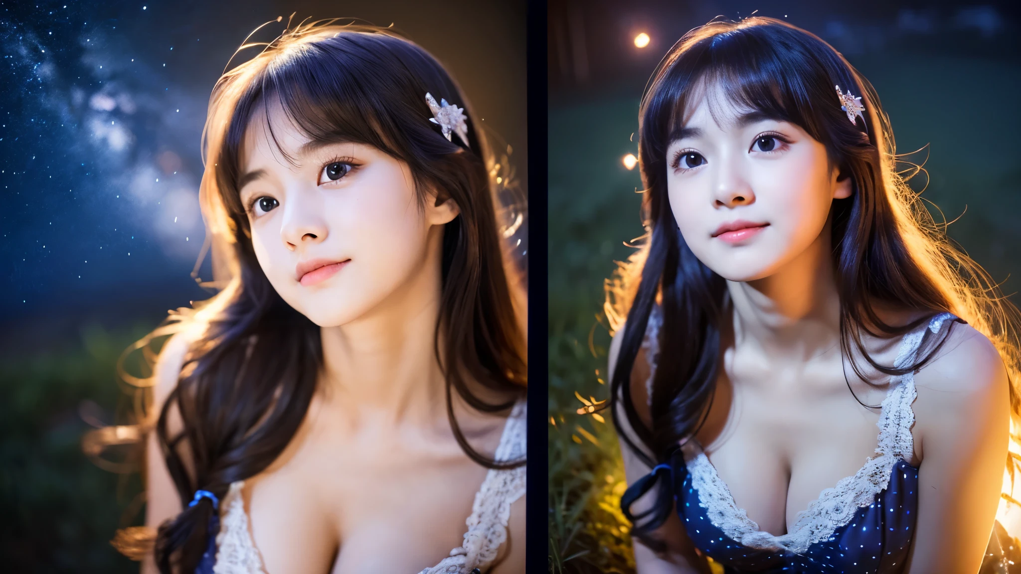 A very cute face like an idol、Looks like a young face、20-year-old female、Gentle and cute、Cleavage、Beautiful starry sky、(Looking up at the night sky)、((Dim lighting))、RAW Photos、Genuine、live-action、(Romantic)、(Artistic Expression)、(Fantasy)、High resolution、masterpiece