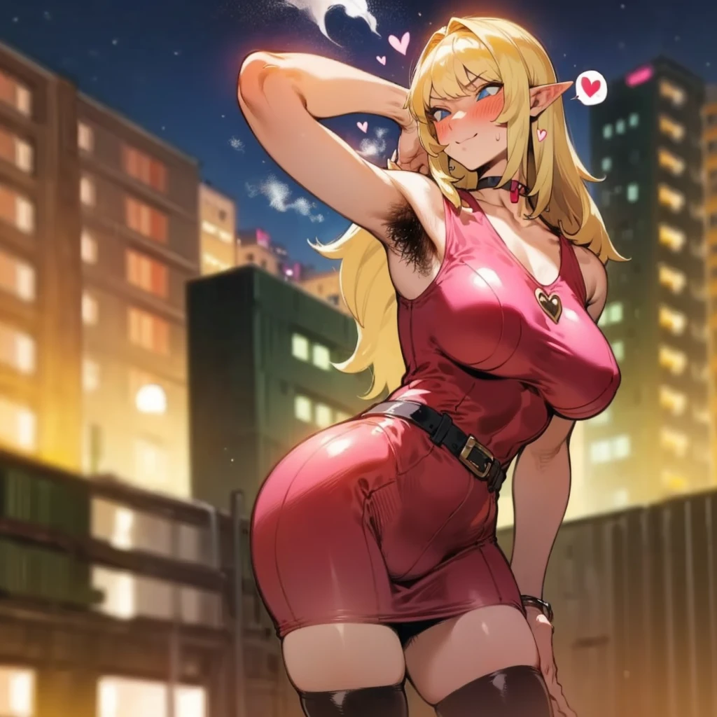 standing, elf, blonde hair, pointy ears, blue eyes, long hair, armpit hair, hairy armpits, blonde armpit hair, armpit hair peek, masterpiece, 4k, high quality, large breasts, city, alleyway, night, buildings, blurry background, blush, full-faced blush, seductive smile, latex, bodycon, bodycon dress, slut, bimbo, breath, heavy breathing, steam, steaming body, steamy, hot, 1girl, spoken heart, hearts, choker, thigh highs, latex thigh highs