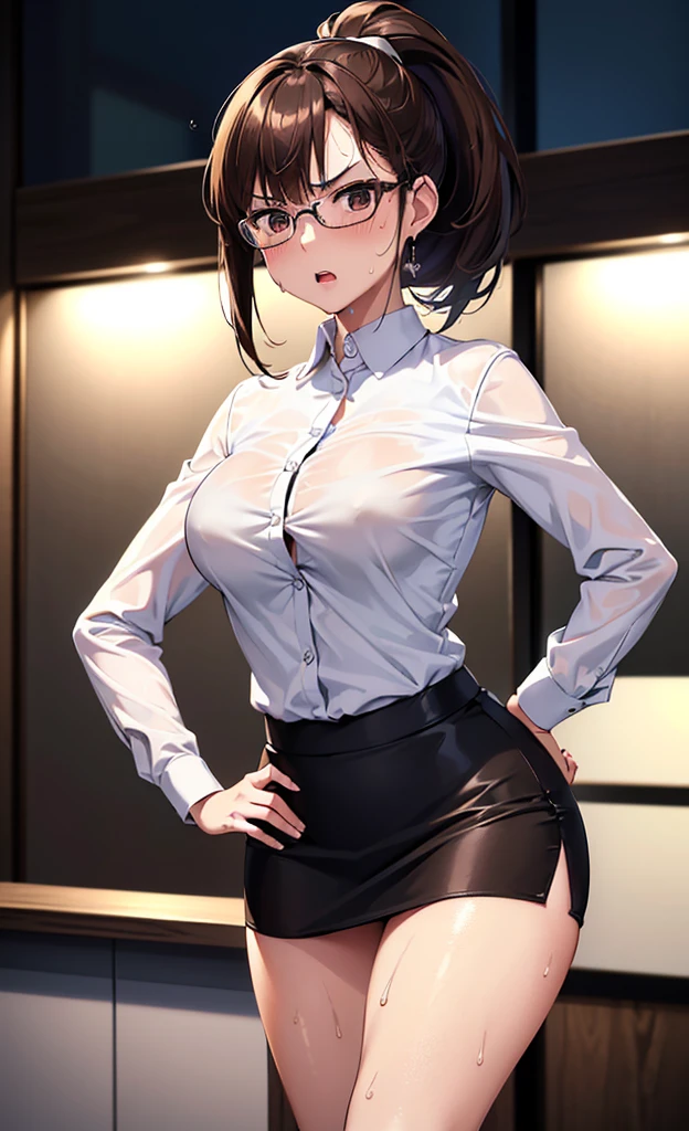 masterpiece, best quality, ultra detailed, ultra high resolution, very detailed face, solo, ((raw photo)), 22 years old japanese woman, (((office lady, white blouse))), (((black short tight skirt))), glasses, ((brown bob hair, ponytail)), (((medium breast))), ((little angry)), ((sweat:1.2)), ((hands on the hip)), in the night bedroom