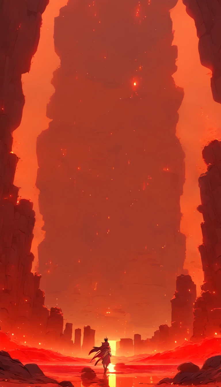 a scorched desolate landscape, red cracked earth, a dimensional gate shimmering with demonic energy, a massive stone arch adorned with towering statues, particles drifting in the night sky, a desert under a starry night with volumetric lighting, best quality, masterpiece, hand painted textures, intricate details, realistic, wrcrft