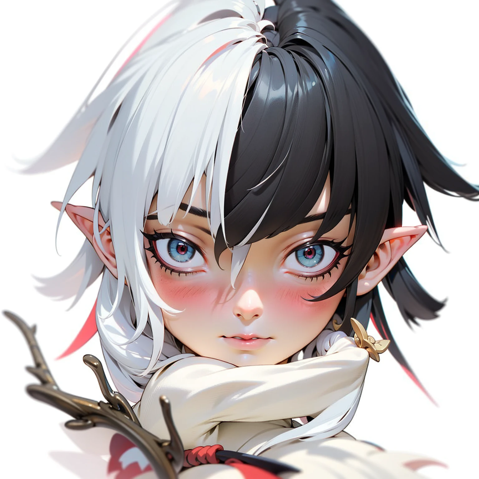 Shut up,Cold eyes,Red Eyeshadow,masterpiece, best quality, Apparition,Red eyebrows,Branches,3d rip artwork , 3dmm style, close up, portrait, 3d, man, Solitary, Short hair, 1 boy, Look at the camera., younger 16 years Taoist, Facial close-up, serious, A serious look, Handsome, monster, Short hair, Black hair, White hair, Facial close-up, Red eye shadow, Tiger tooth, Red eyebrows, Japanese style, kimono, A high-necked kimono, branch, Pointy yokai ears, The Yin Yang Masters, immortal and full of mystery, Ink and watercolour character style, Masterpiece, Exquisite features, Delicate hair depiction, Detailed depiction of the eyes, Masterpiece, The best quality, Extremely detailed CG unified 8千 wallpap, Masterpiece, The best quality, Ray tracing, High quality