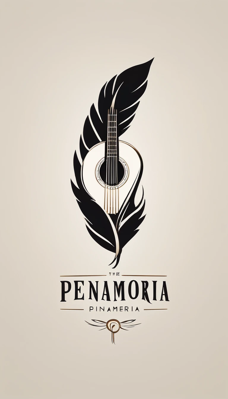 A minimal, modern, simple, cinematic logo design for the brand “Penamemoria". The logo design of a boy with a head of a feather playing acoustic guitar. The logo must convey a sense of music, stories and dreams. Minimalistic logo design of a boy dissolving into a feather of dreams and memories