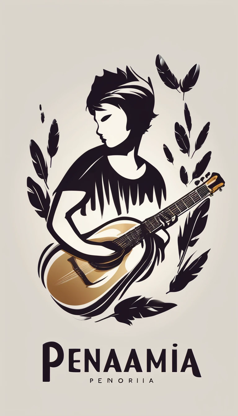 A minimal, modern, simple, cinematic logo design for the brand “Penamemoria". The logo design of a boy with a head of a feather playing acoustic guitar. The logo must convey a sense of music, stories and dreams. Minimalistic logo design of a boy dissolving into a feather of dreams and memories
