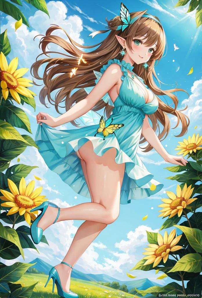 1 beautiful girl 20 years old, anime girl, walking in a field of flowers, blue sky with white clouds, artistic fairy costume green mini dress, low-cut and sleeveless dress, yellow panties, beautiful legs, beautiful thighs, crystal high heels, defined hands and legs, full body, looks like a sexy model, a pair of translucent wings, butterflies around, big round breasts, glossy lips, cleavage, high heels, brown hair, hair over shoulder, wavy hair, asymmetrical bangs, hair one side up, expressive hair, hair behind ear, hairband, leaf hair ornament, aqua eyes, pupils sparkling, crystal earrings, pointy ears, smile, blush, fingersmile, seductive smile, naughty face, Color Field painting, high detail, anime, dithering, image fill, first-person view, wide shot, from behind, she looks back at the viewer, perspective, Wide-Angle, f/1.8, 85mm, Canon, 8k, super detail, UHD, anatomically correct, masterpiece, high quality