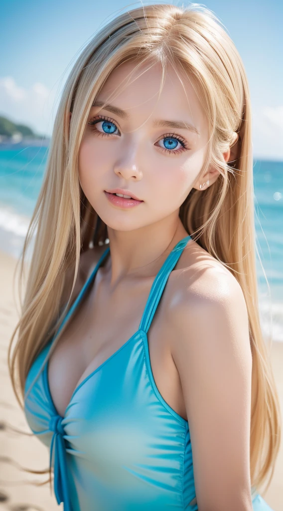 Adorable, 14years , Ruffled plummeting one-piece swimsuit, A very beautiful blonde girl from Scandinavia, Lush bust,Beach, Low contrast, (Smirking expression:0.8), Super Long Straight Silky Hair、hair scrunchie, long bangs between eyes、Best Quality, 超A high resolution, photographrealistic, ultra-detailliert, 8K, Raw photo, masuter piece、Very beautiful bright and shining light blue big eyes、very big eyes、gloss cheek highlights、Small face beauty、Kamimei