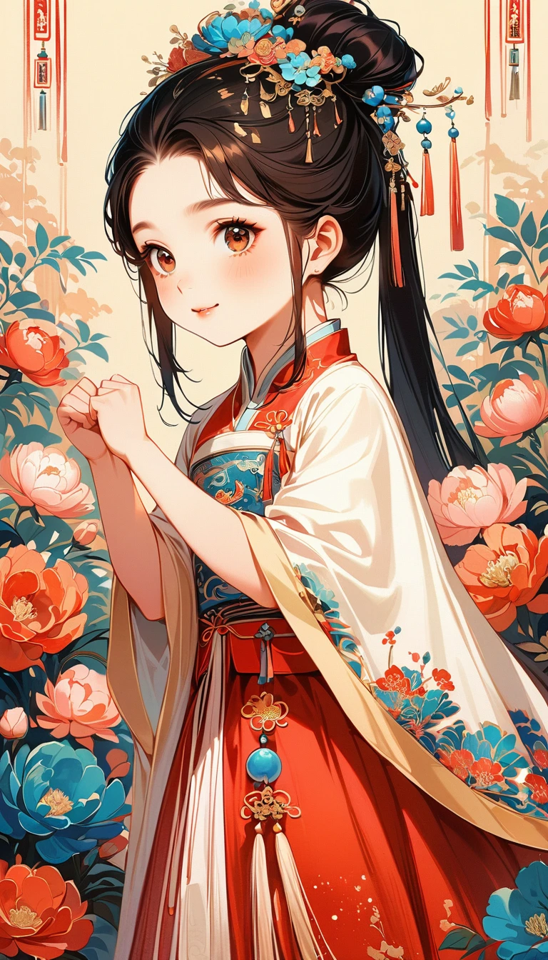 A beautiful young little girlonal Chinese attire, sweet smile, from side, lively and kawaii pose, hands fist and cheer up, charming and attractive sexy pose, surrounded by a lush garden. gazing at it with gentle eyes. The woman's hair is styled in an elaborate updo adorned with flowers and traditional ornaments. Her dress is elegant, pink and white color tone, featuring fine silk with floral embroidery. The garden is in full bloom, with peonies and other flowers providing a backdrop. The scene captures the serenity and beauty of classical Chinese art, with a touch of nature harmony, (((Ultra-high saturation, high natural saturation, extremely bright colors)))