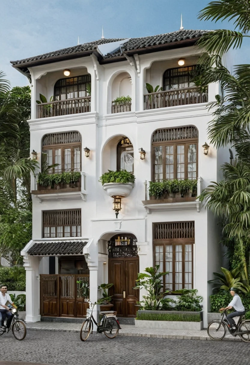 Render a 5-meter-wide, 3-story Indochine-style townhouse situated in an urban setting. The townhouse features an elegant white facade with traditional Indochine architectural elements, including arched windows, wooden shutters, and decorative railings. The roof is designed with a two-sided slope running from front to back, similar to the style of houses in Hoi An. The exterior walls are adorned with subtle, ornate details that reflect the Indochine style. Incorporate artistic wooden louver panels (lam gỗ) on the exterior for added visual interest and architectural depth. The ground floor includes a welcoming entrance with classic wooden furniture and traditional lanterns. The street is lined with cobblestone pavement, tropical plants, and urban elements such as street lamps and parked bicycles, creating a harmonious blend of traditional and urban aesthetics.

8k resolution, UHD, high-quality detail, Indochine style, 5-meter-wide facade, 3-story, white exterior, arched windows, wooden shutters, decorative railings, two-sided sloping roof, Hoi An style, classic wooden furniture, traditional lanterns, ornate details, artistic wooden louver panels, urban setting, street view, cobblestone pavement, tropical plants, street lamps, parked bicycles, harmonious blend of traditional and urban aesthetics.
