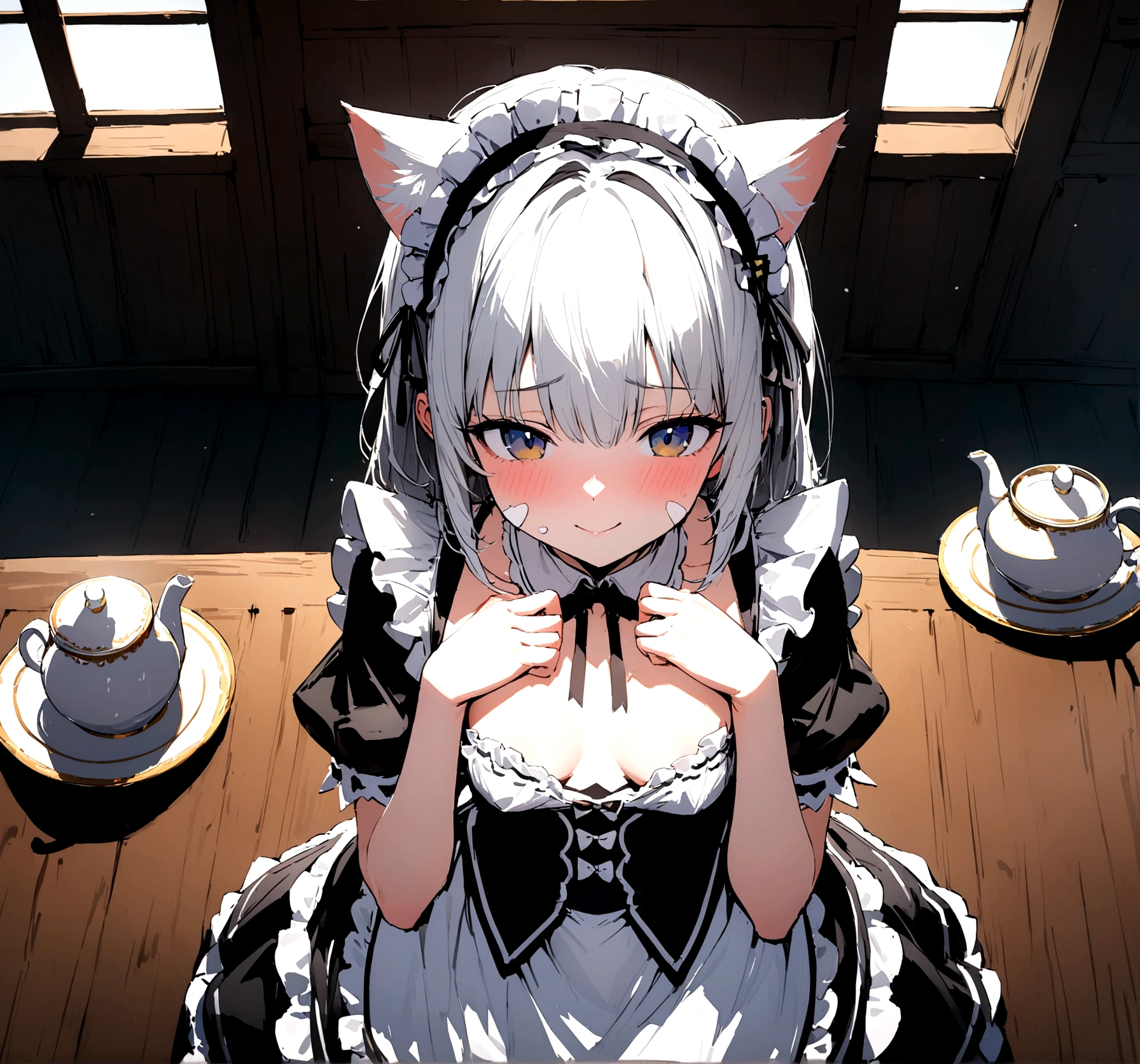 Masterpiece, ultra-detailed, Cat Ear Maid, Maid uniform, Tea set placed on desk, Standing full-body portrait, Shy demeanor, smiles coyly, Small breasts, Clothes modestly revealing minimal skin, Cat ear headband adorns her head, Apron covers her chest area, Delicately detailed face, Hands gently cradling teacup, High resolution, 4K, Beautiful rendering of maid uniform and tea set, Maid maintains a coy expression, Subtle blush on cheeks, Detailed shading on face and uniform, 8K, World-class quality, Extremely detailed, High resolution, Impeccably