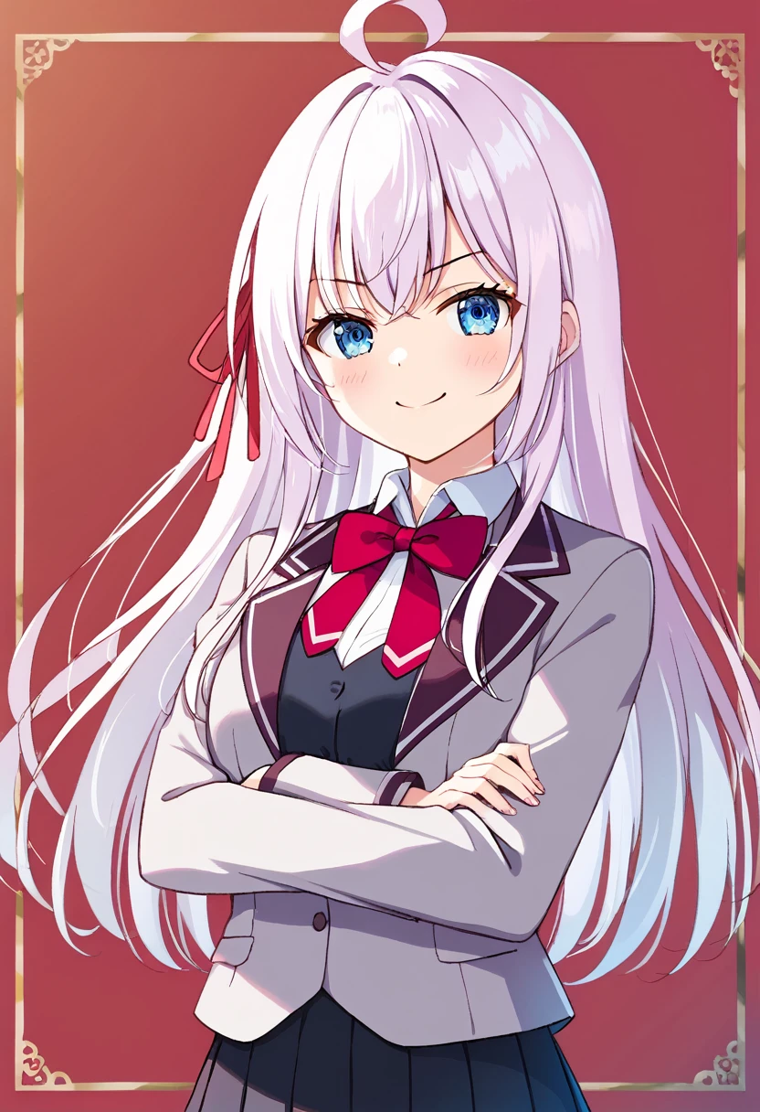 (masterpiece),(best quality),(ultra-detailed),(best illustration),(best shadow),(absurdres),(detailed background),(very aesthetic), alya(roshidere), white hair, long hair, bangs, blue eyes, hair ribbon, ahoge, red ribbon, skirt, shirt, long sleeves, bow, , jacket, white shirt, pleated skirt, collared shirt, bowtie, black skirt, red bow, red bowtie, blazer, grey blazer, long sleeves, upper body view, crossed arms, smile,