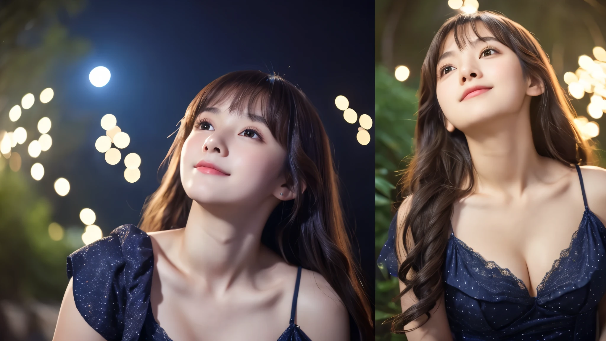 A very cute face like an idol、Looks like a young face、20-year-old female、Gentle and cute、Cleavage、Beautiful starry sky、(Looking up at the night sky)、((Dim lighting))、RAW Photos、Genuine、live-action、(Romantic)、(Artistic Expression)、(Fantasy)、High resolution、masterpiece