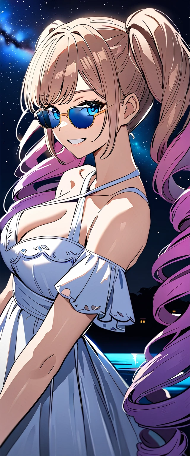 ((grin)), Eyeshadow, False eyelashes, ((off-shoulder dress:1.3, criss-cross halter)), ((white sundress)), ((cleavage)), ((twin tails hair, spiral curl hair, gradient hair, hair extensions, streak)), ((sunglasses, hand to sunglasses)), (((from side))), ((((upper body)))), bare legs, (()), (((a beautiful starry sky, the Milky Way shining beautifully in the night))), ((on the very high cliff)), wavy hair, inward curled hair, ((sea, nature)), breasts, teenager, (looking at viewer), puffy long sleeves, collarbone, head tilt:1.3, (((blue eyes))), happy smile, (((anime style))), (best quality, 4K, 8K, highres, masterpiece:1.2, ultra-detailed, ultra-detailed eyes, HDR, uhd, studio lighting, ultra-fine painting, sharp focus, physically-based rendering, extreme detail description, professional, vivid colors, bokeh)