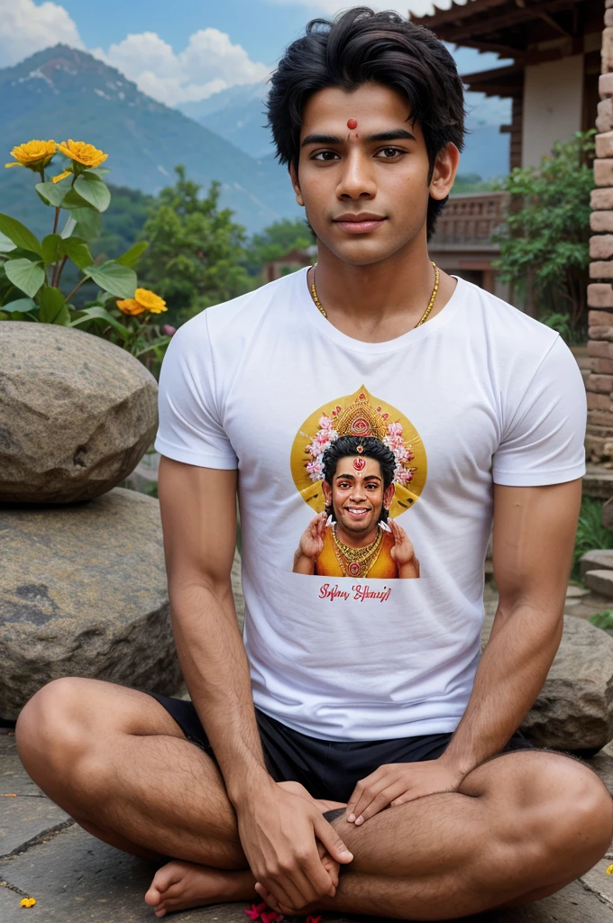 Create a Realistic High Quality image of LORD HANUMAN is depicted in meditation . Sitting on a Stone. A Realistic 18 year old boy Wearing Saffron T-shirt sprinkles flowers to HANUMAN and performs Pooja , Hanuman ji giving blessings to boy,Name "Karan" is written on the Boy's T-shirt. The Background features "Happy Hanuman Jayanti" in the background. beautiful background view .