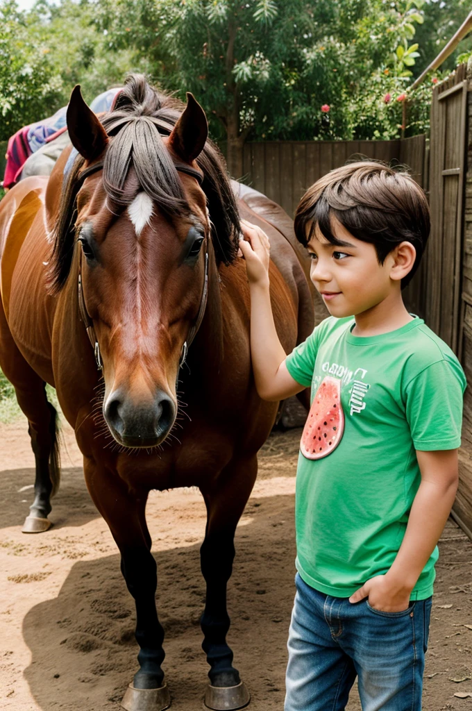 One poo  boy who is making of  horse with help of a watermelon 