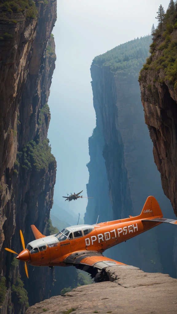 make a very real picture of a rusted crash airplane being stuck alongside a very high cliff, scary scenery, hyper-realistic, 16k