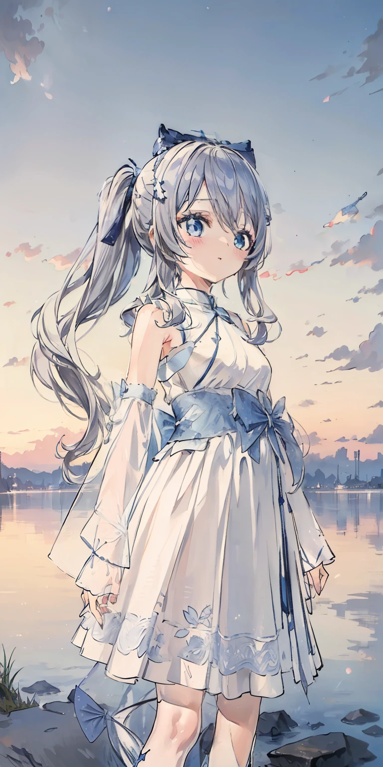 ((Best quality)), ((Masterpiece)), ((Ultra-detailed)), (illustration), (Detailed light), (An extremely delicate and beautiful),A charming young girl,White long hair,Blue sky,The sword floated behind his back.