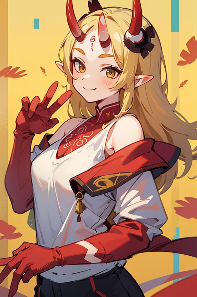 1girl, solo, (ibaraki_douji), blonde, yellow eyes, oni horns, pointy ears, alternative costume, shirt, white shirt, (modern fashion), oversized clothes, bottomless, bare shoulder, off shoulder, flat chest, forehead, ((red hands)), (peace sign and the other hand is hidden), straight hair, large smile, smug, upper body, standing, masterpiece, best quality, 8k, beautiful