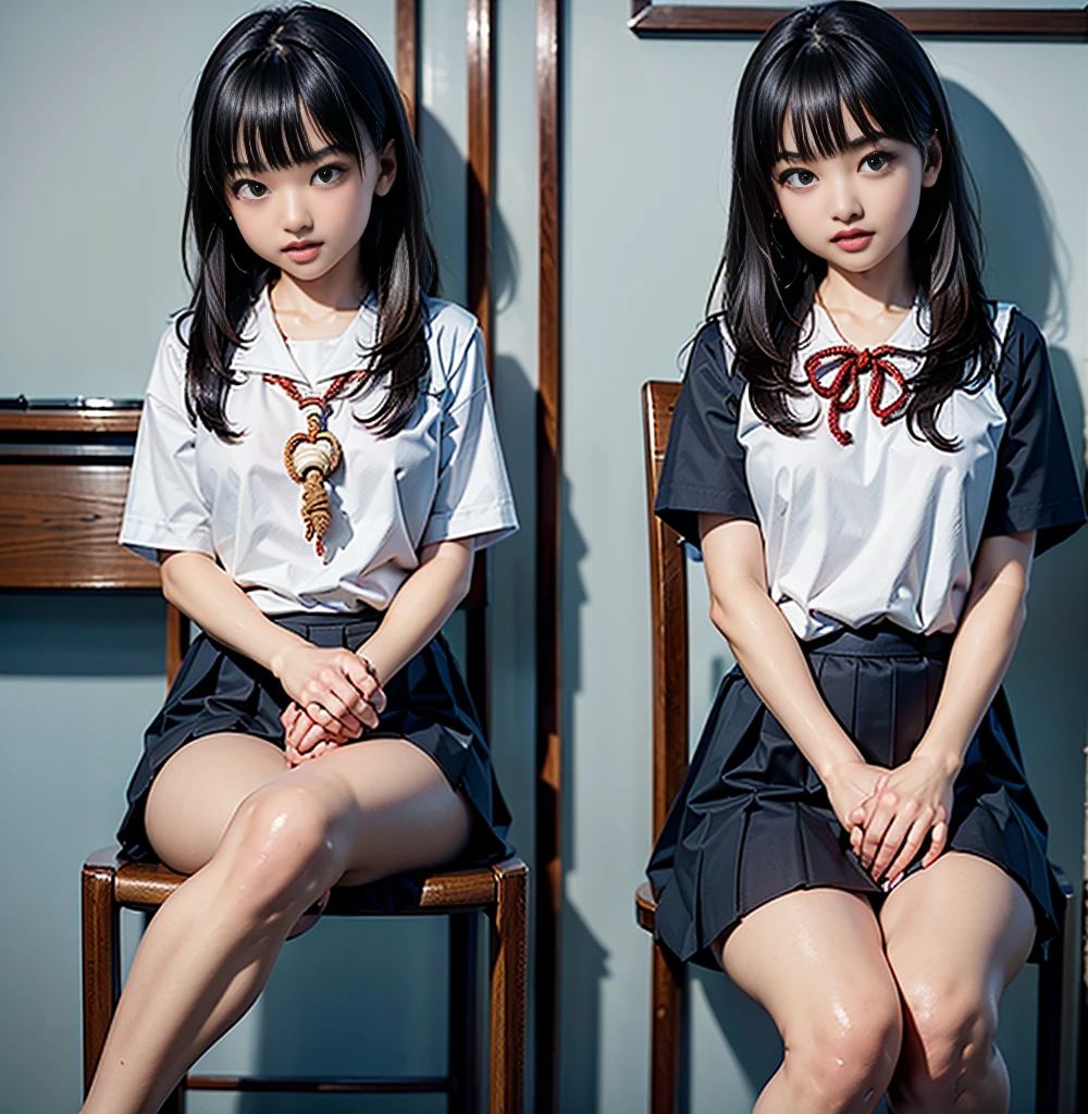 Highest quality,masterpiece,Ultra-high resolution, Very detailed, 8K,a beautiful Japanese woman:1.5, Small face, Black Hair, blunt bangs, Breast Augmentation Surgery, (High school uniform:1.5, Pleated skirt), ((chest tied with rope、 Hands tied with rope、 Put your hands behind your head))、 classroom