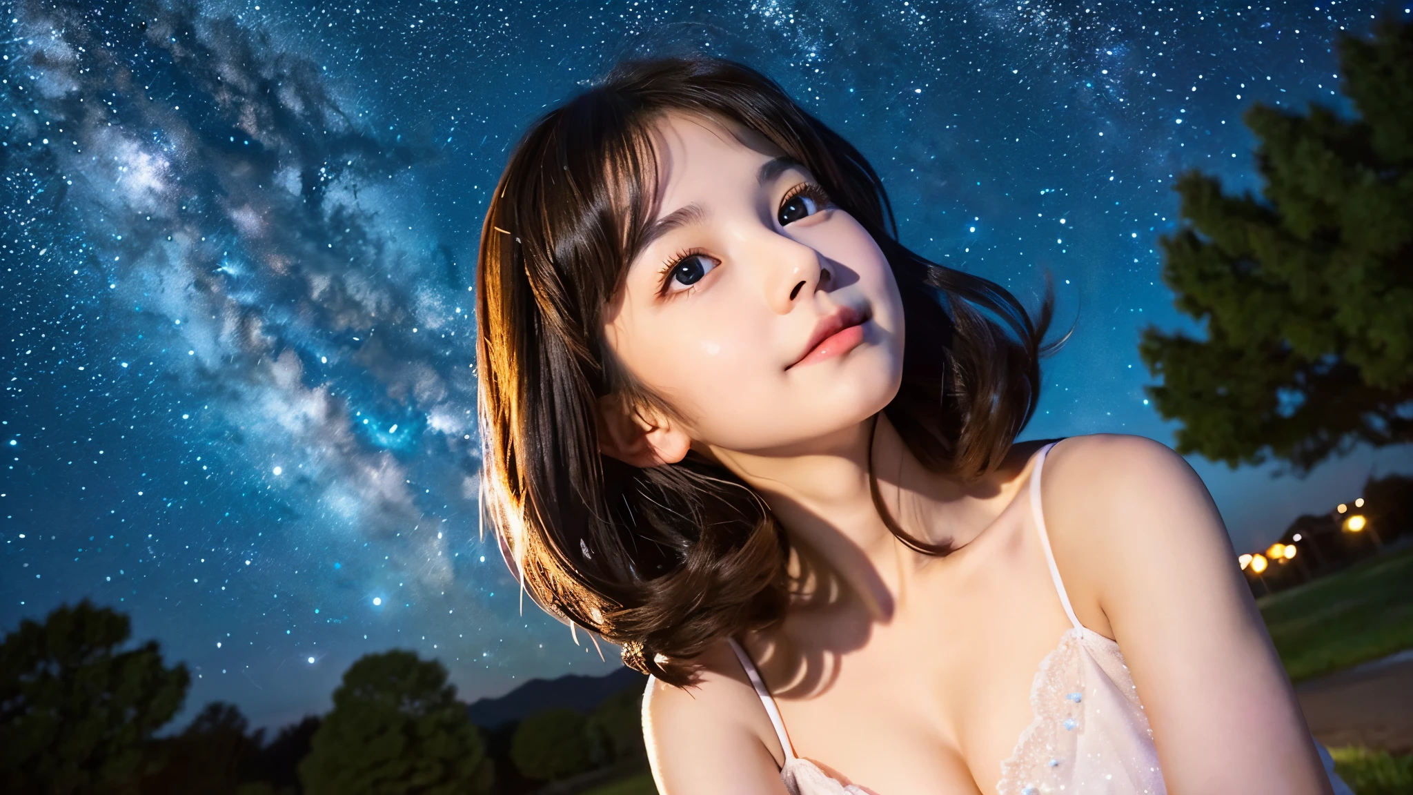 A very cute face like an idol、Looks like a young face、One woman, aged 20、Gentle and cute、Cleavage、Beautiful starry sky、(Looking up at the night sky)、(((Don&#39;t shine your face)))、((Dim lighting))、RAW Photos、Genuine、live-action、（Romantic)、(Artistic Expression)、(Fantasy)、High resolution、masterpiece