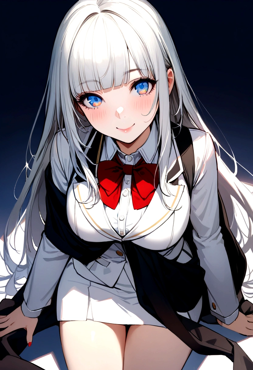 (A hyper-realistic)、(illustratio)、(hight resolution)、(8K)、(ighly detailed)、(Best Illustration)、(beautifully detailed eyes)、(top-quality)、(Ultra-detail)、(masterpiece)、(wall-paper)、(A detailed face)、solo、1 girl in、looking at viewert、fine detailed、A detailed face、in the darkness nigth、deep-shadows、lowkey、pureerosfaceace_v1、A smile、long、Black shawl straight hair、46-point diagonal bangs,female students、Uniforms、、(White blazer chest circumference)、Translucent white blouse、red bowtie、(Miniskirts in bright colors,Plaid)、A smile,