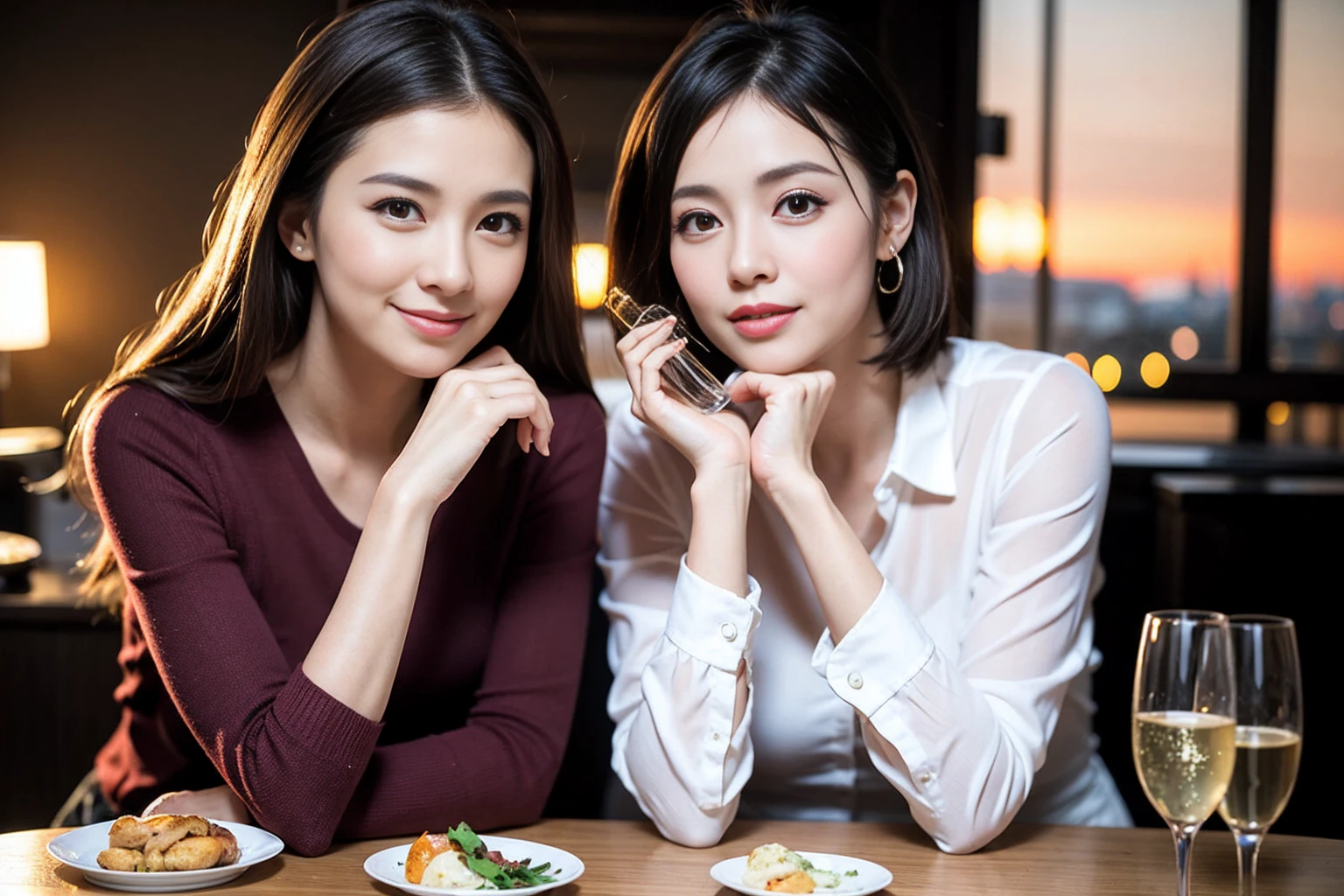 ((Highest quality、8K、masterpiece:1.3))、cute、Slim Couple、Model Couple、The best smile、Happy Smile、45 years old 39 years old、Shortcuts、Upper Body、(Realistic, Intricate details:1.2), Beautiful Model、Beautiful actress, (Brown Hair), (White skin),full-course dinner、Wine Party、Amazing view of the sunset sky and clouds、Sweet eye angle, Ultra HD 8K, Ultra-realistic, photograph, Cinematic, photograph, Wide-angle, Detailed Visuals, 3D Rendering, Soft texture, Realistic, Close up zoom in, (Front view), ((View your viewers)), Perfect corner angle, Thin lips, Natural Beauty, (soft and super White skin), Perfect Skin, (masterpiece), (Beautiful attention to detail), (Makes your face smaller), No makeup, Skinny Wine Bottle、Champagne、sparkling wine、Two beauties、Brown Hair、Shortcuts、Long sleeve shirt、dress、