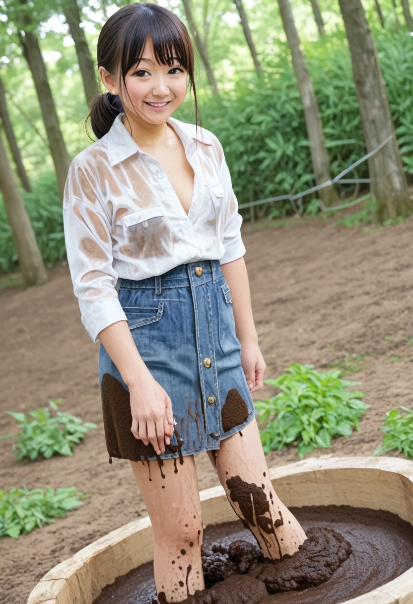 One girl, ,smile, High-resolution images, Asian,Buttoned up,Wearing a long-sleeved denim shirt and denim skirt, Manure pit,shit,深いmud濘でmud遊びをして服を汚す,mudで汚れたジーンズ,Soaked clothes,mudまみれ,Gets wet and sticks,Dirty clothes,mudをかけられる,mud,Muddy,captured in the style of a magical forest arツーork., (masterpiece, Highest quality, Official Art,Intricate details:1.2)