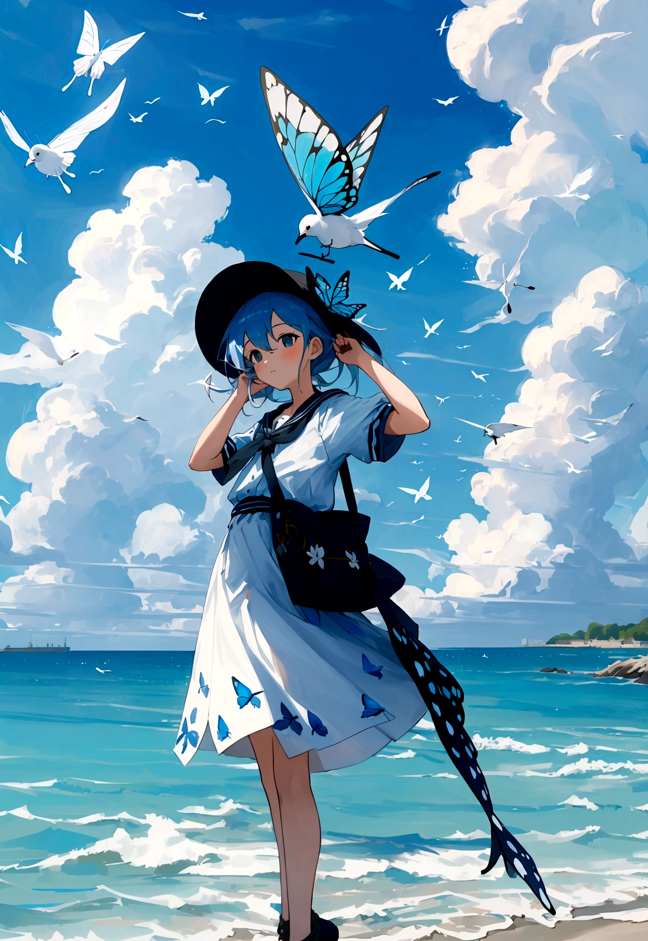 head of&#39;artwork, best quality, 1fille, bird, mouette, sky, clouds, polka_point, bleu_sky, just, cloudsy_sky, bogue, butterfly, jour, flush, troupeau, En plein air, Abigaïl